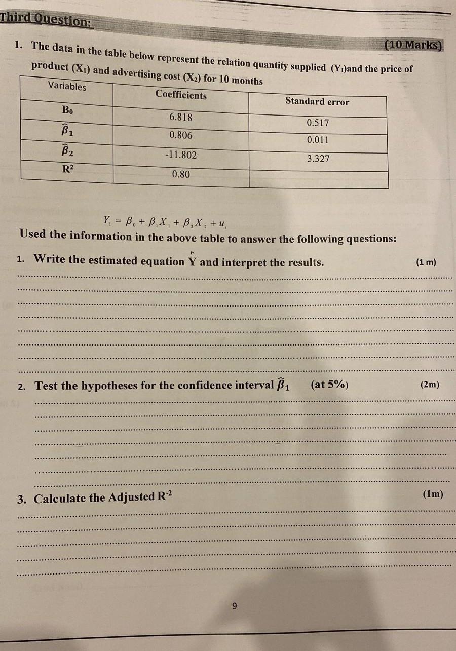 Solved Third Question: (10 Marks) 1. The data in the table | Chegg.com
