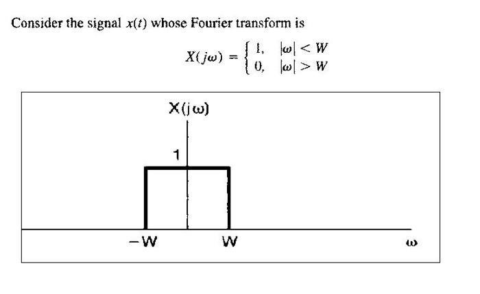 Consider the signal \( x(t) \) whose Fourier transform is
\[
X(j \omega)=\left\{\begin{array}{ll}
1, & |\omega|<W \\
0, & |\o