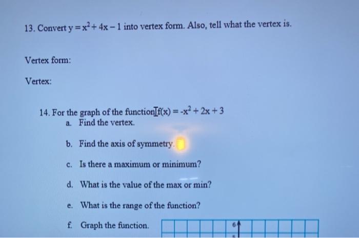 Solved 13 Convert Y X2 4x 1 Into Vertex Form Also Chegg Com