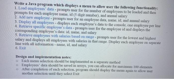 Solved Write a Java program which displays a menu to allow | Chegg.com