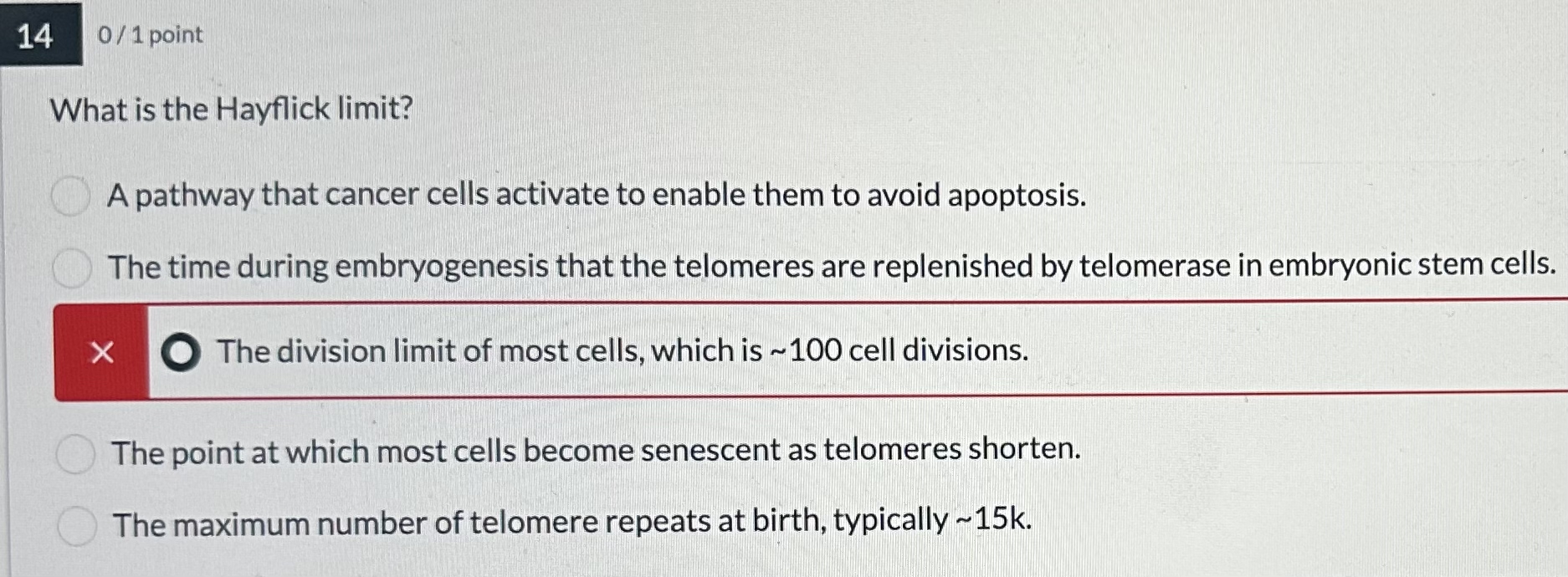 Solved 140/1 ﻿pointWhat is the Hayflick limit?A pathway that | Chegg.com