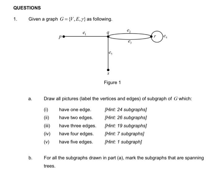 QUESTIONS 1. Given A Graph G = {V,E,y} As Following. | Chegg.com