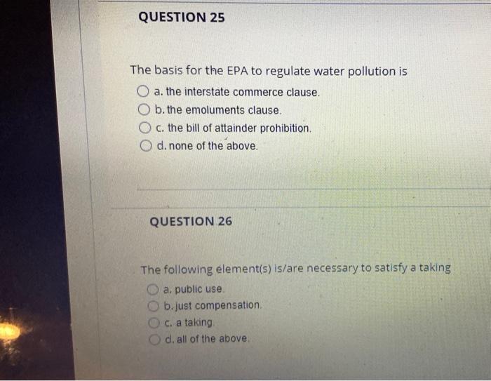 Solved The Basis For The EPA To Regulate Water Pollution Is | Chegg.com