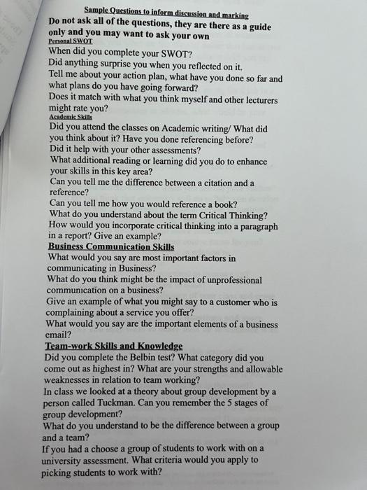 Sample Questions to inform discussion and marking Do not ask all of the questions, they are there as a guide only and you may