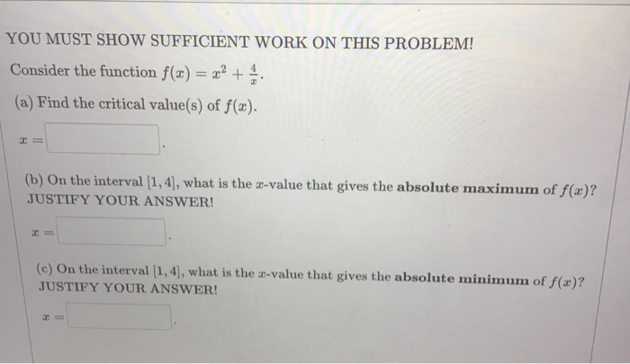 Solved YOU MUST SHOW SUFFICIENT WORK ON THIS PROBLEM! | Chegg.com