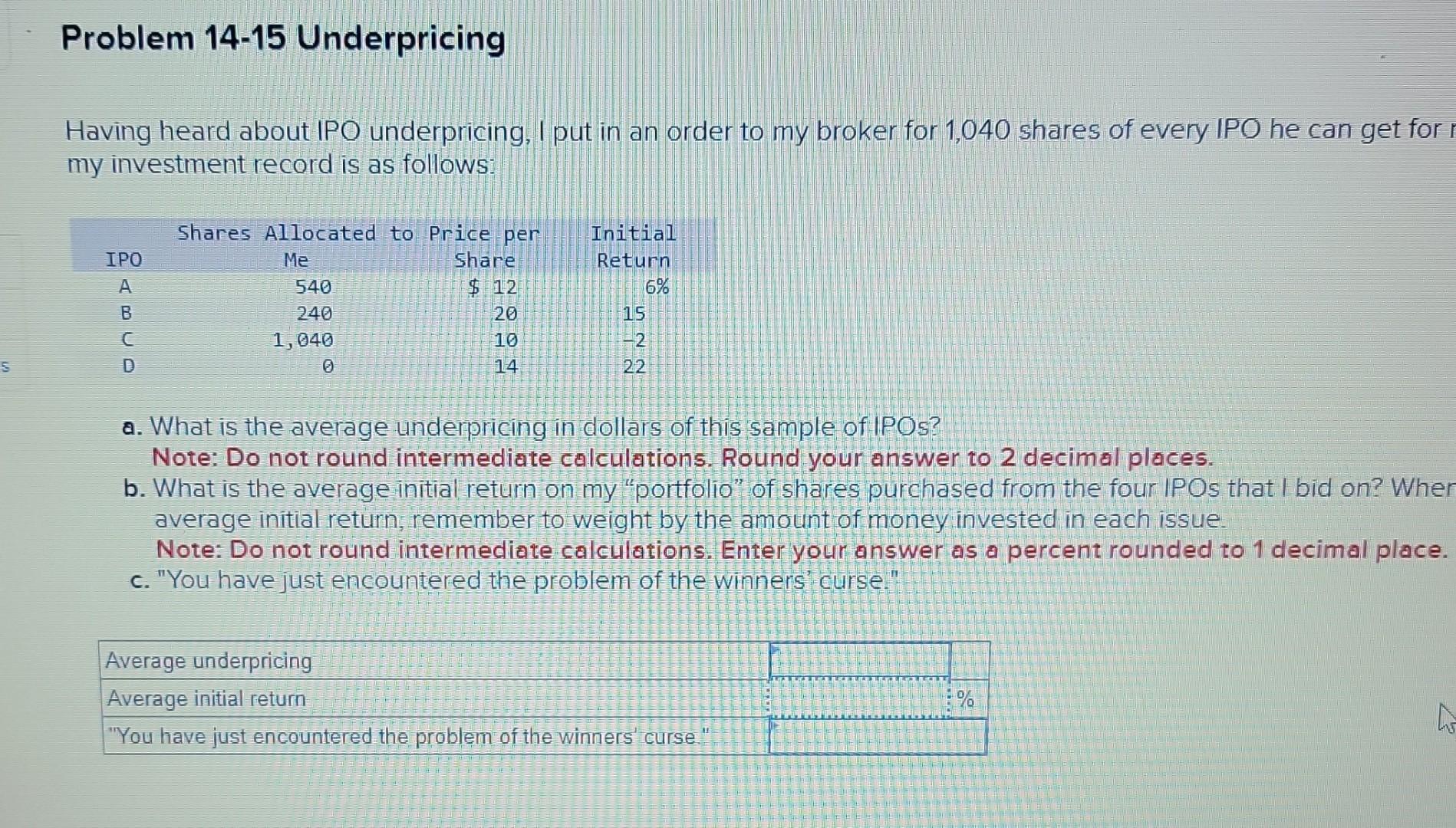 Having Heard About IPO Underpricing, I Put In An | Chegg.com