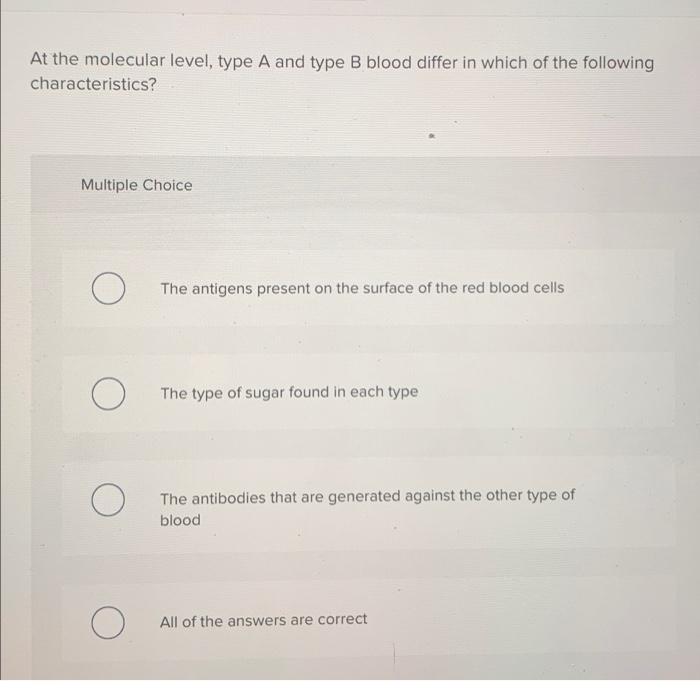 Solved At the molecular level, type A and type B blood | Chegg.com