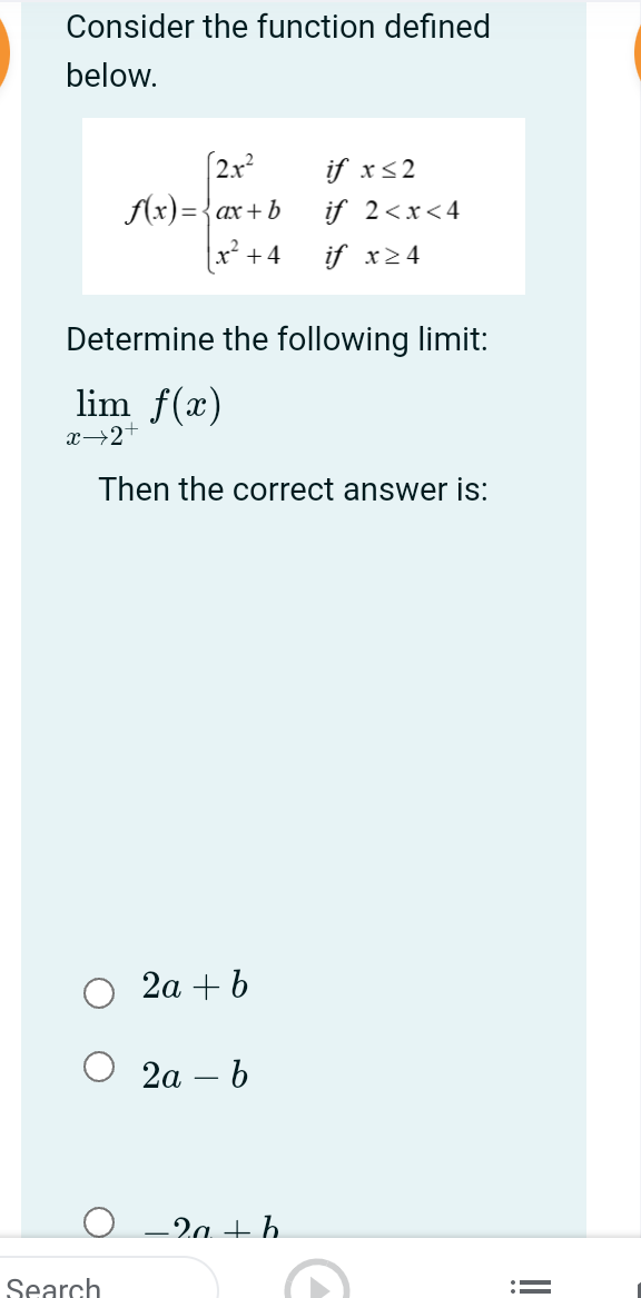 Solved Consider the function below f(x)=⎩⎨⎧2x2ax+bx2+4 if | Chegg.com