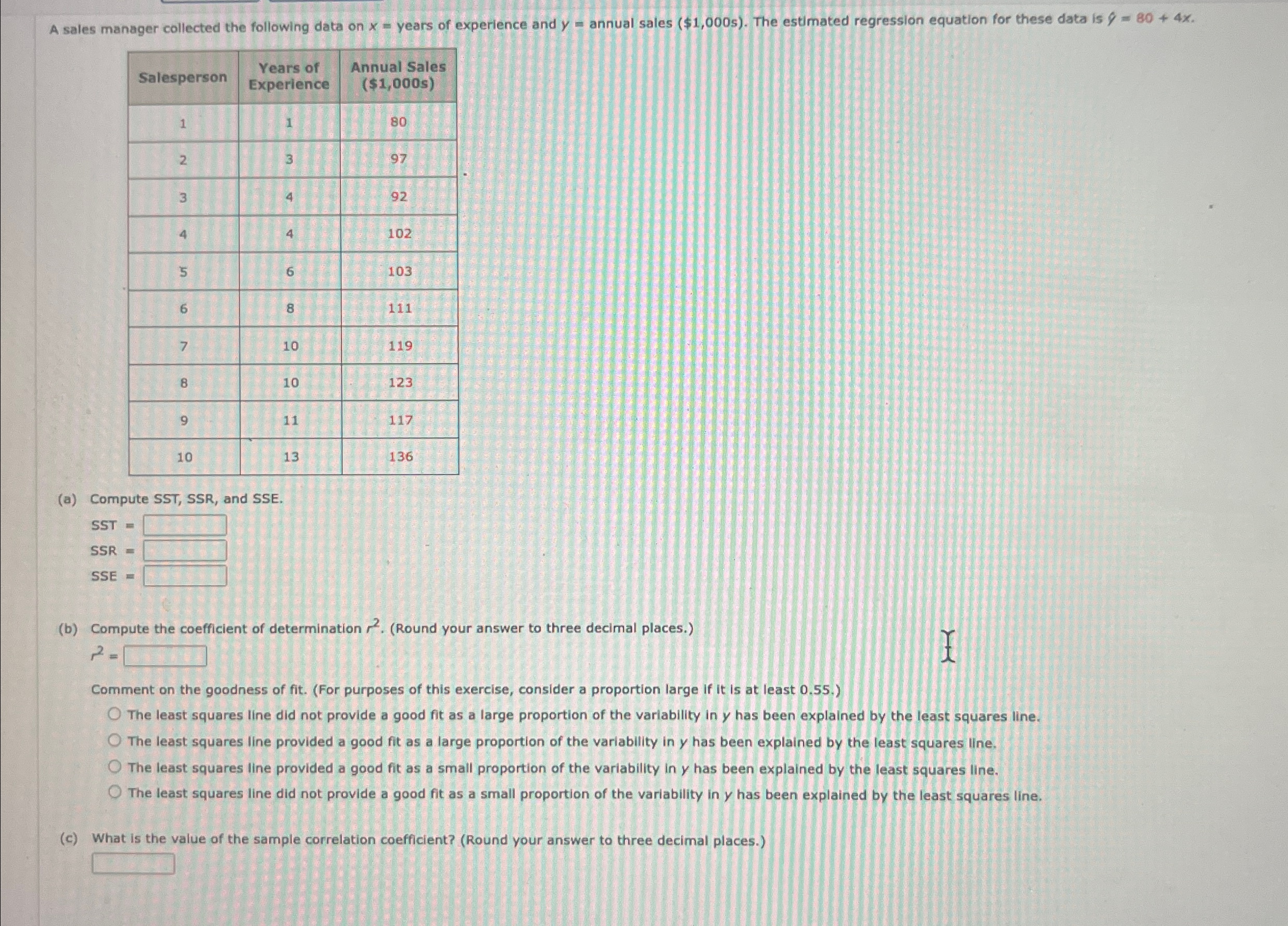 Solved A sales manager collected the following data on x= | Chegg.com