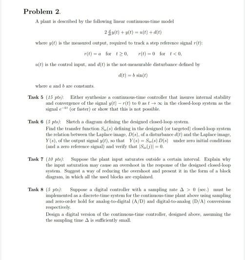 Problem 2. A plant is described by the following | Chegg.com