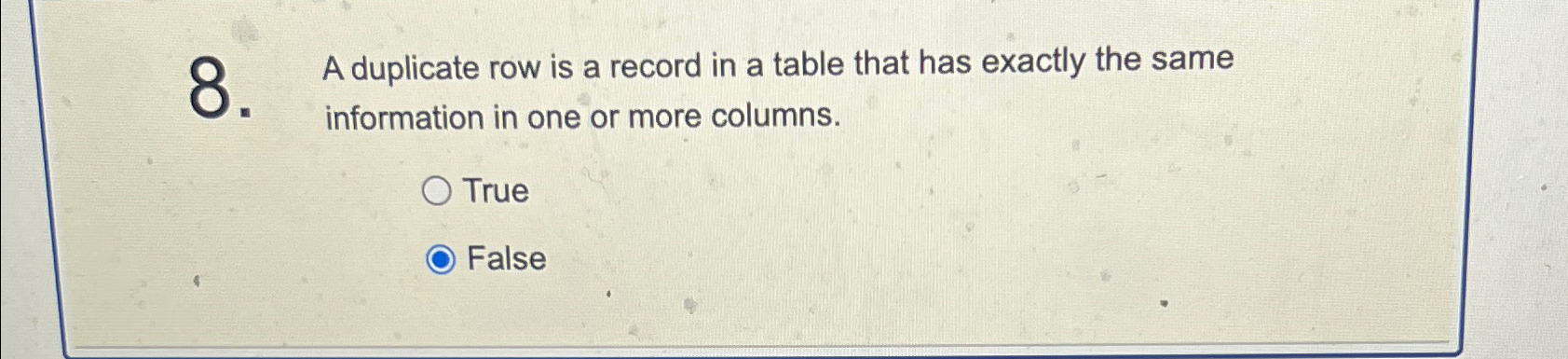 Solved A duplicate row is a record in a table that has | Chegg.com