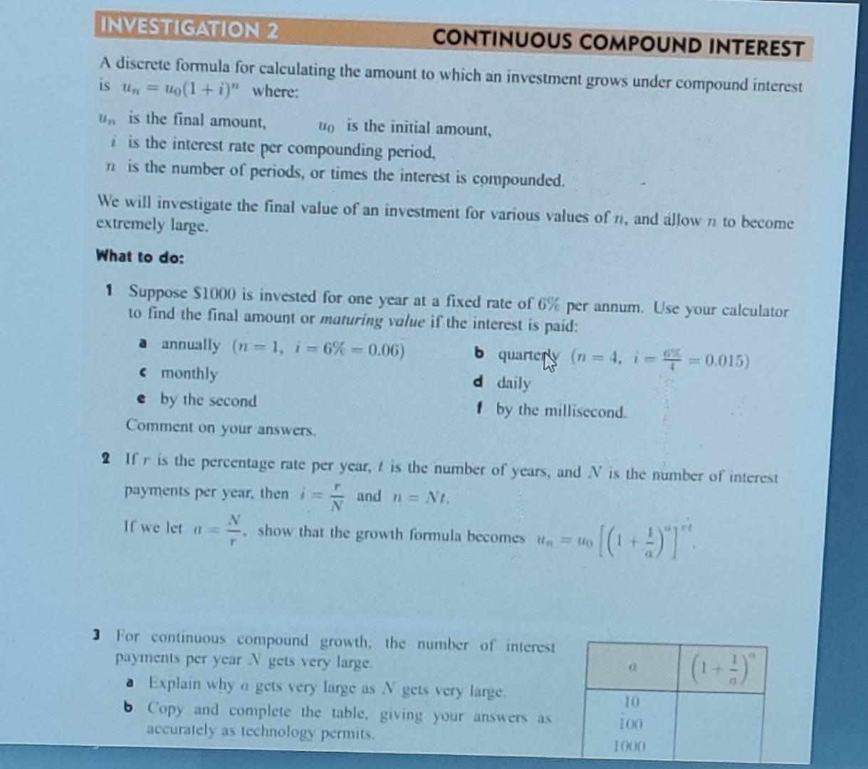 Solved investigation 2 continuous compound interest a chegg