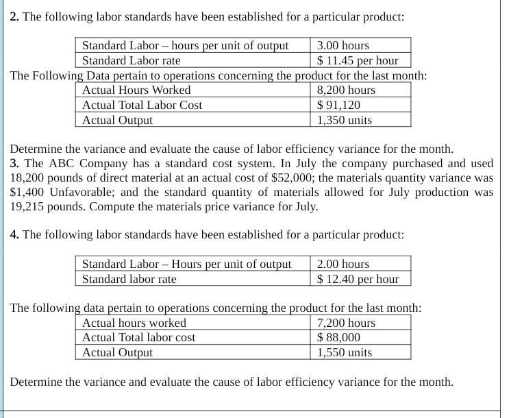 Solved 2. The following labor standards have been | Chegg.com