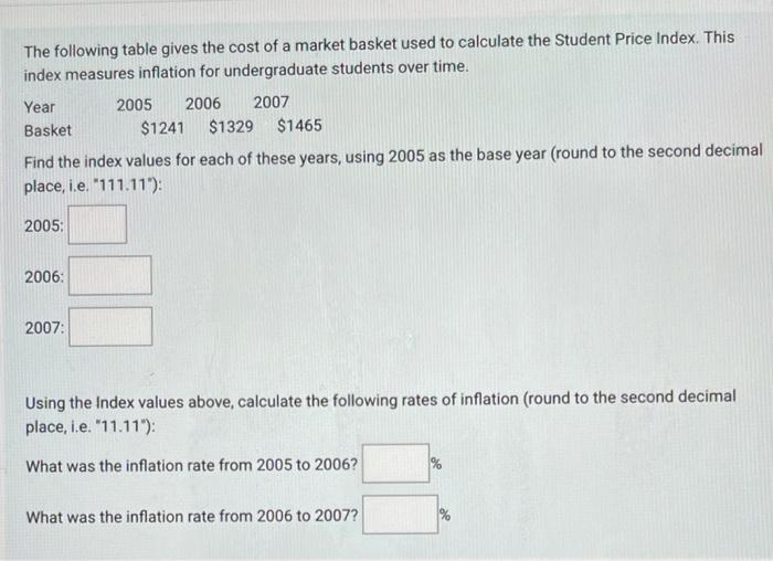 Solved The Following Table Gives The Cost Of A Market Basket | Chegg.com