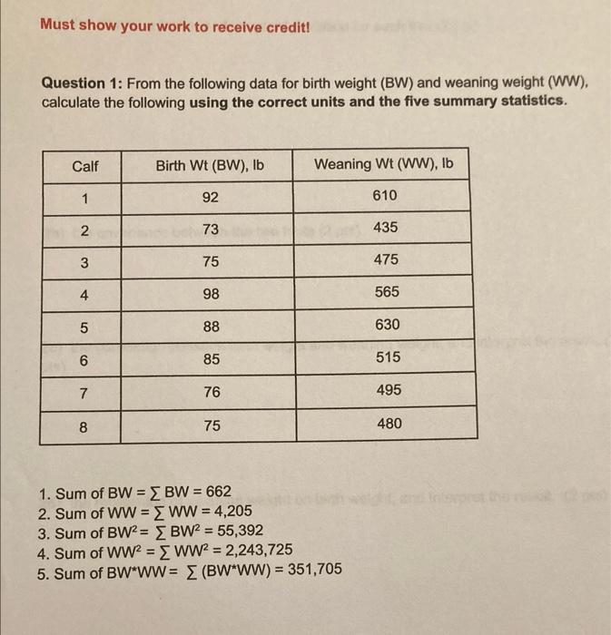 Solved Must show your work to receive credit! Question 1: | Chegg.com