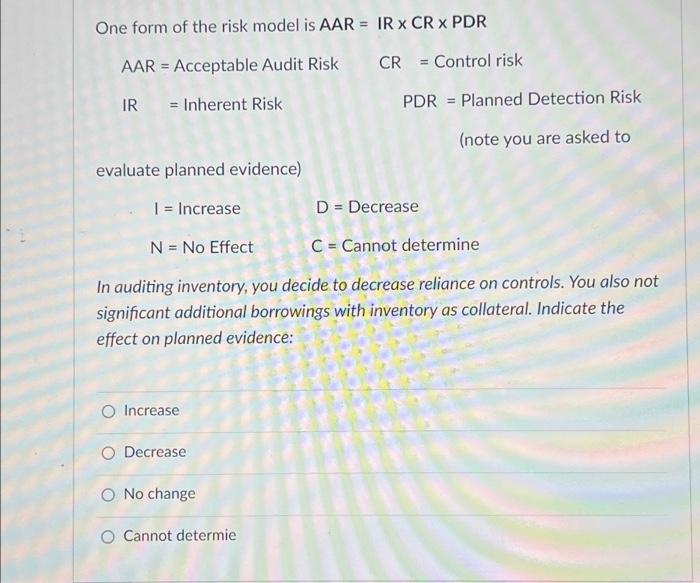 Solved One form of the risk model is AAR = IR x CR x PDR AAR | Chegg.com