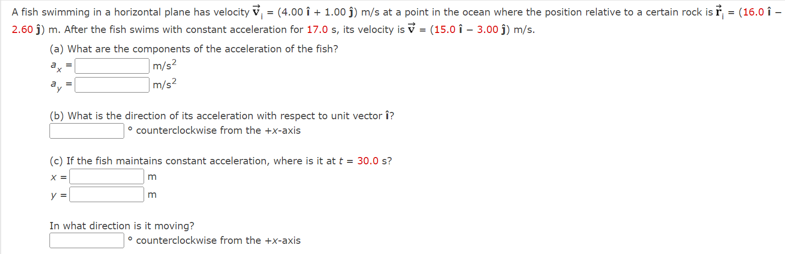 Solved A fish swimming in a horizontal plane has velocity | Chegg.com