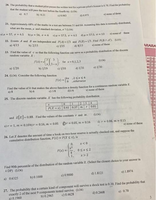 Solved 20. The probability that a student pilot passes the | Chegg.com