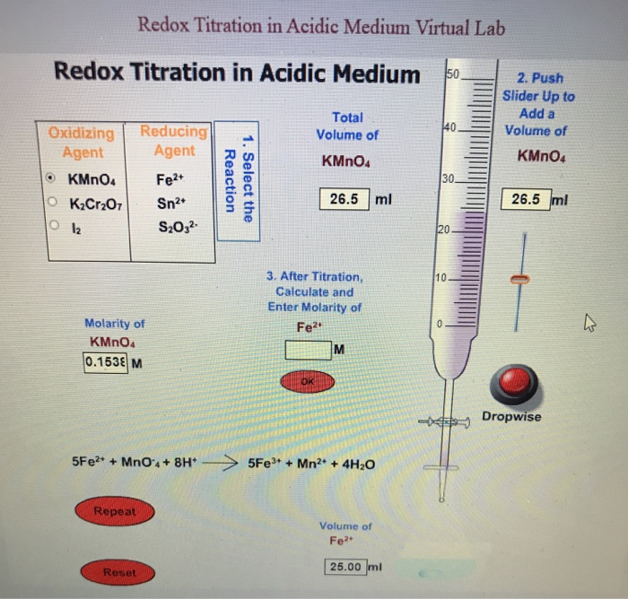 Solved Redox Titration in Acidic Medium Virtual Lab Redox