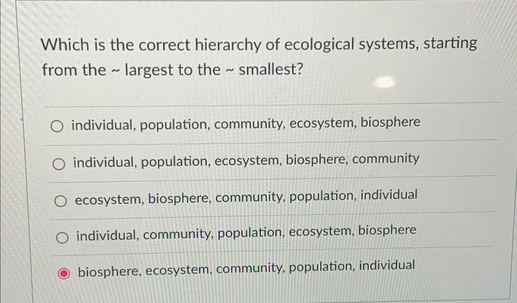 Solved Which Is The Correct Hierarchy Of Ecological Systems, | Chegg.com