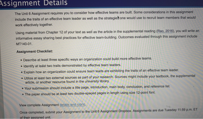 Assignment Details The Unit 6 Assignment requires you to consider how effective teams are built. Some considerations in this