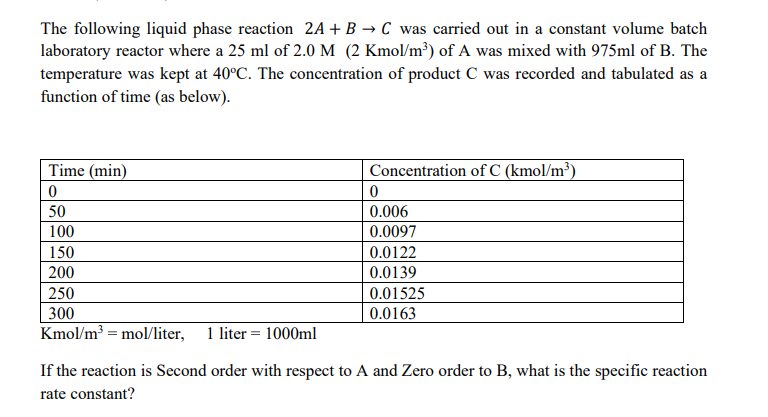 Solved The following liquid phase reaction 2A+B→C ﻿was | Chegg.com