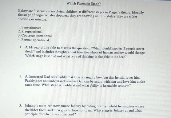 Solved Which Piagetian Stage Below are 3 scenarios Chegg