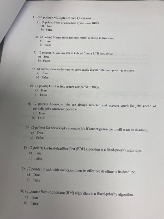 Solved 1. (20 Points) Multiple Choice Questions: 1) (2 | Chegg.com