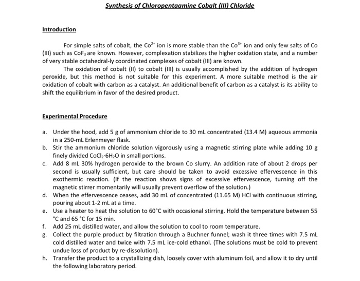 Solved Synthesis of Chloropentaamine Cobalt (III) Chloride | Chegg.com