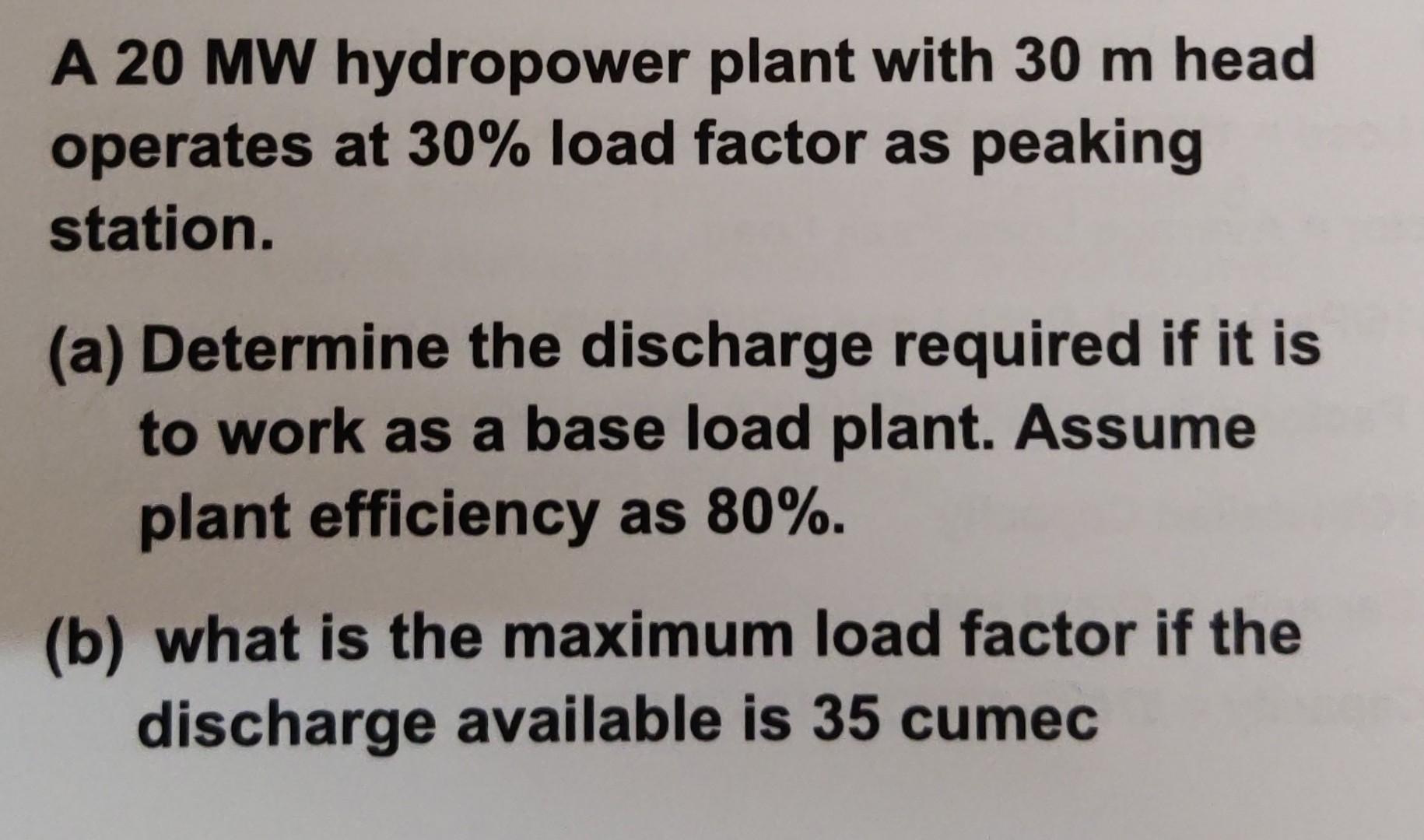 Solved A 20 MW hydropower plant with 30 m head operates at