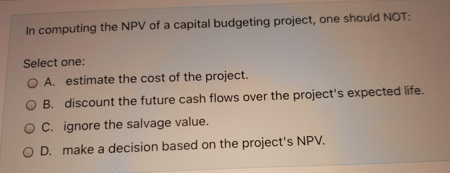 Solved In computing the NPV of a capital budgeting project, | Chegg.com