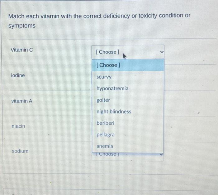 Solved Match Each Vitamin With The Correct Deficiency Or | Chegg.com