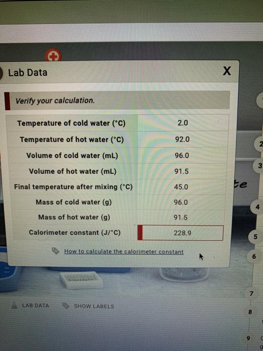 Solved Lab Data х Verify your calculation. Temperature of | Chegg.com