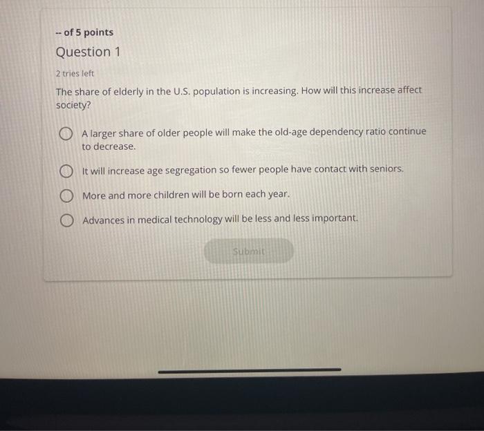 -- of 5 points Question 1 2 tries left The share of elderly in the U.S. population is increasing. How will this increase affe