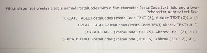 Solved Which statement creates a table named Postal Codes | Chegg.com