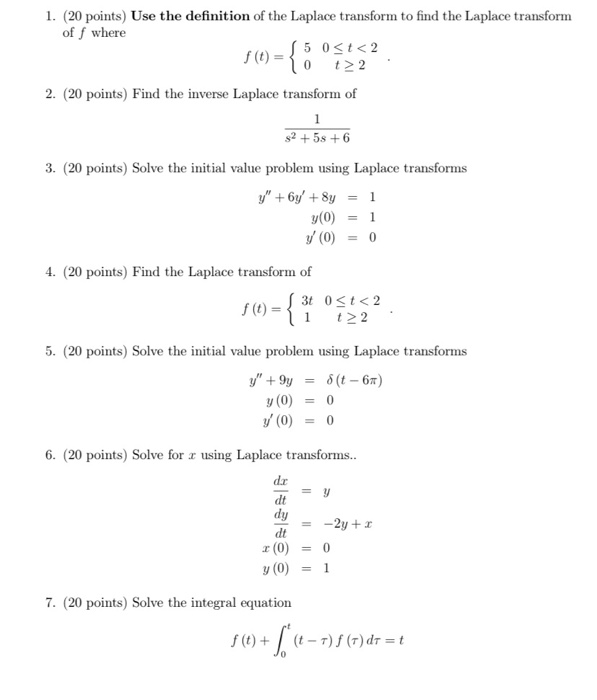 Solved 1. (20 points) Use the definition of the Laplace | Chegg.com