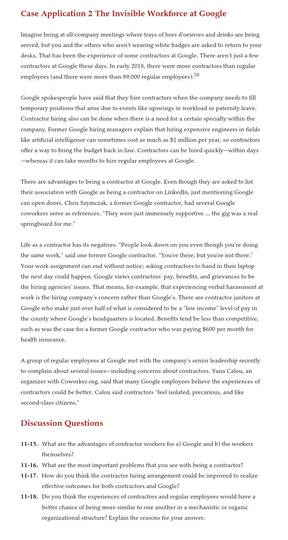 Solved Case Application 2 The Invisible Workforce at Google | Chegg.com