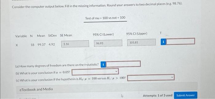 Solved Consider the computer output below. Fill in the | Chegg.com