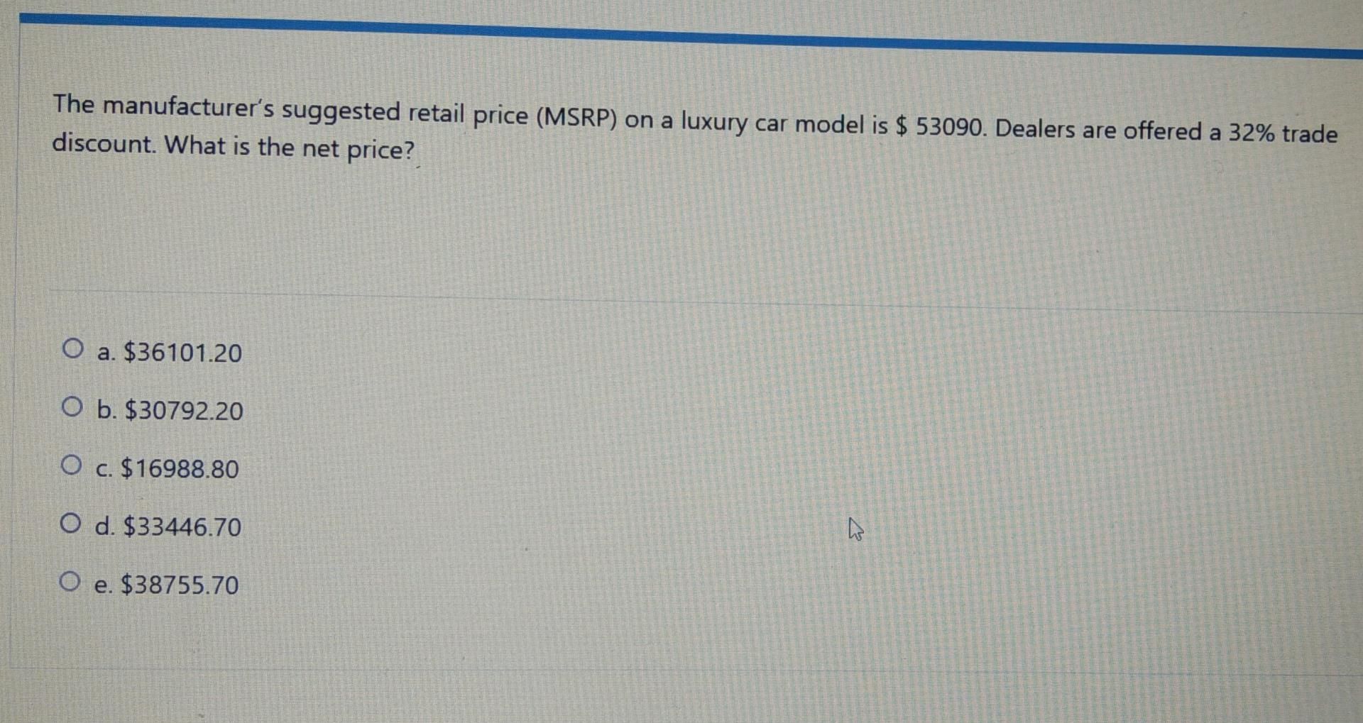 Solved The manufacturer's suggested retail price (MSRP) on a | Chegg.com