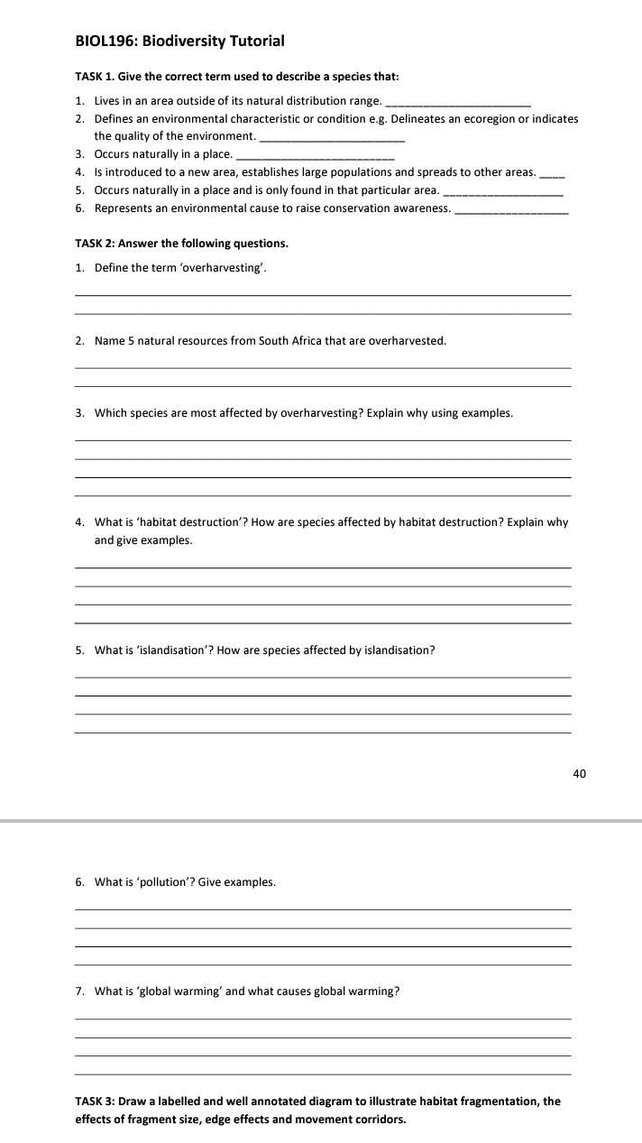 Solved BIOL196: Biodiversity Tutorial TASK 1. Give the | Chegg.com