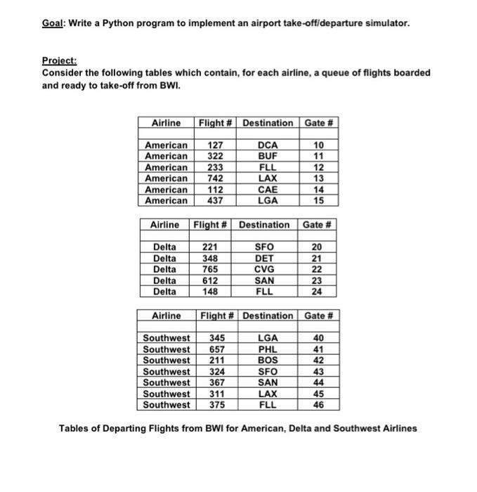 Solved Goal: Write a Python program to implement an airport | Chegg.com