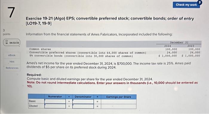 Solved Exercise 19-21 (Algo) EPS; Convertible Preferred | Chegg.com