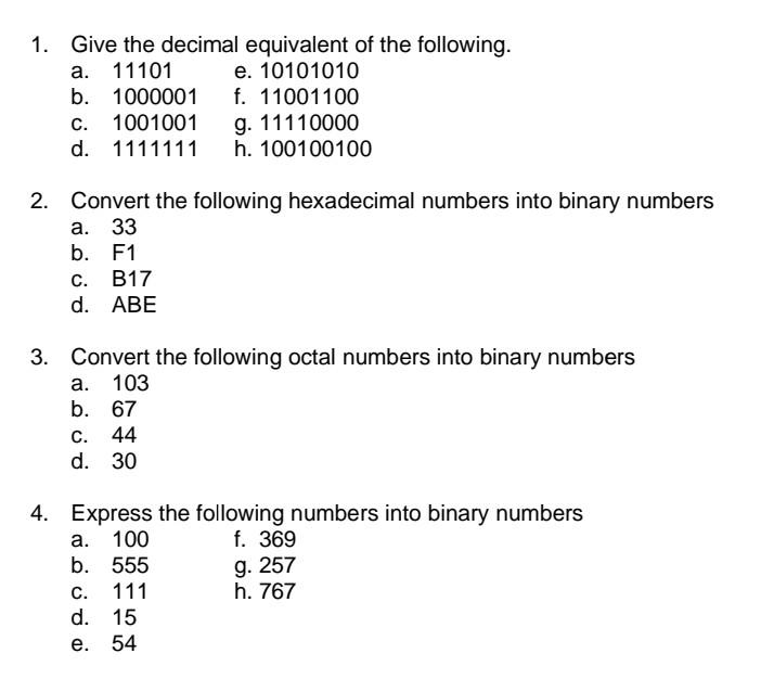 Solved 1. Give the decimal equivalent of the following. a. | Chegg.com