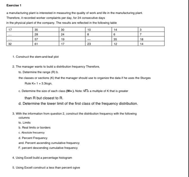 Solved Exercise 1 a manufacturing plant is interested in | Chegg.com