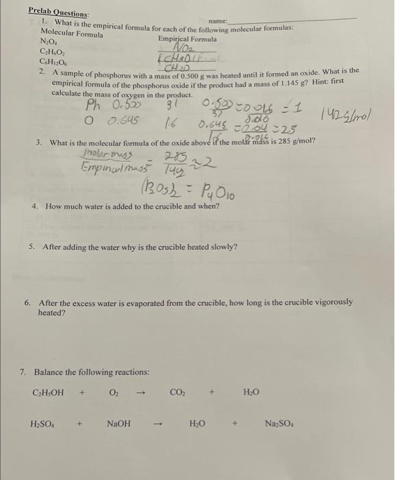 Solved Prelab Questions: 1. What is the empirical formula | Chegg.com