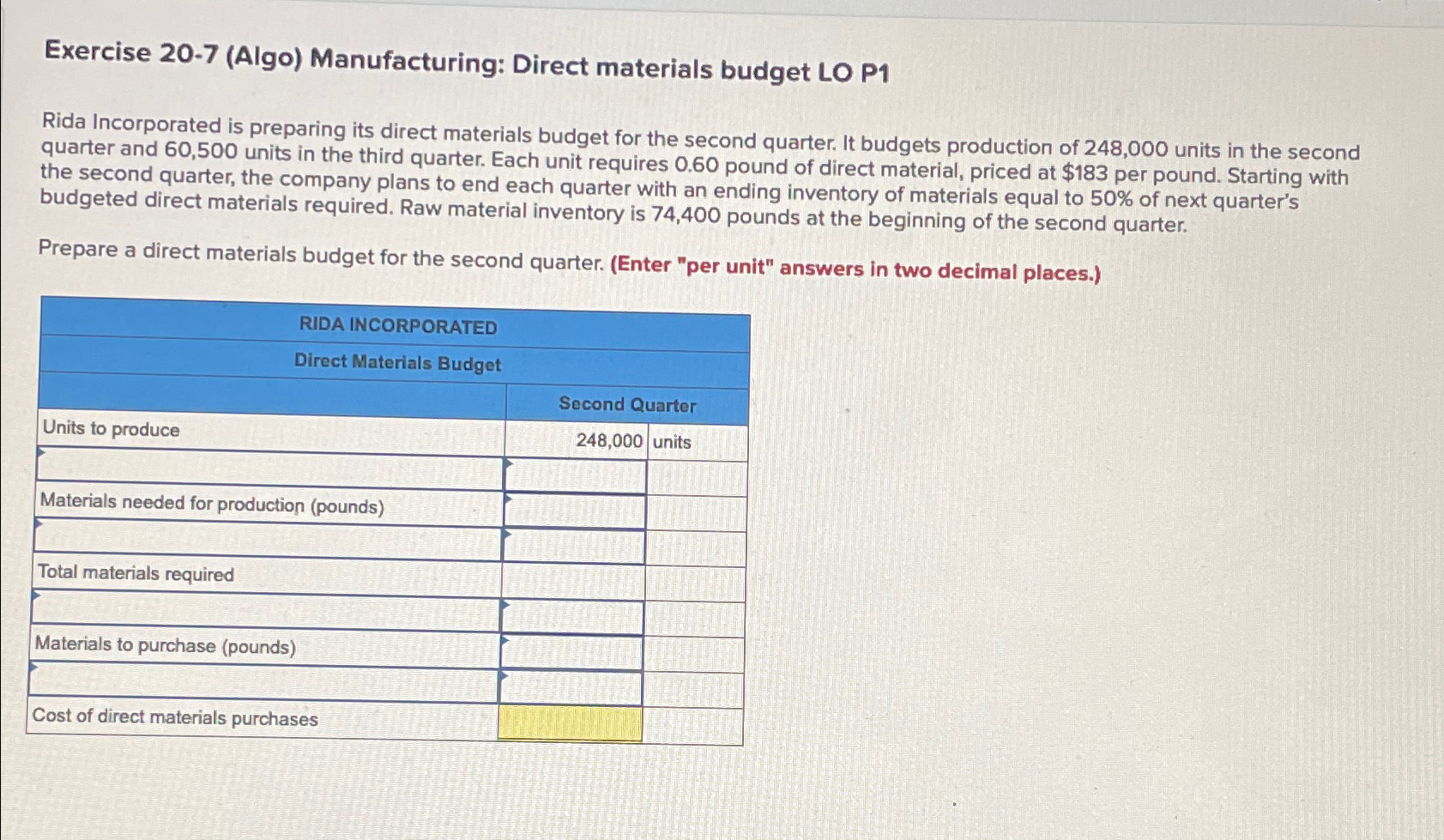 Solved Exercise 207 (Algo) ﻿Manufacturing Direct materials