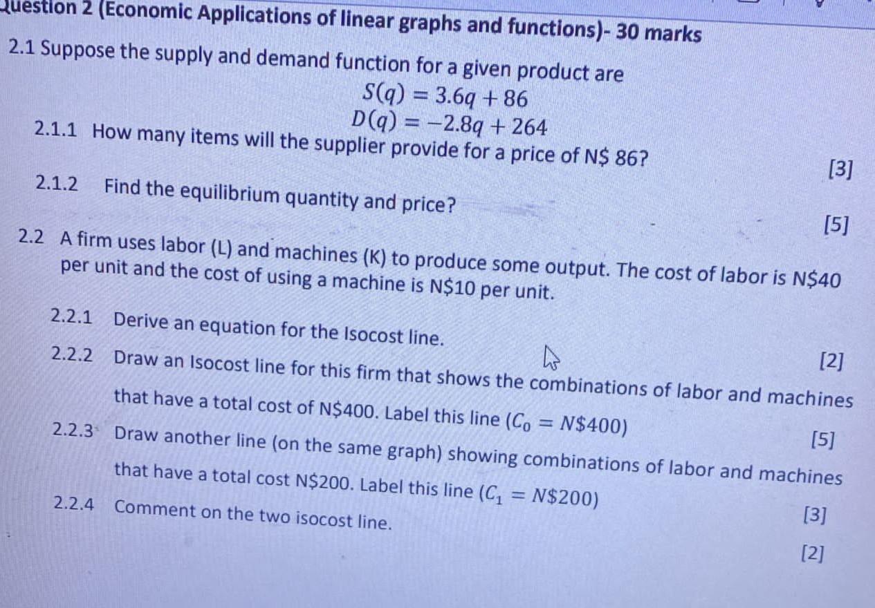 Solved 2.1 Suppose the supply and demand function for a | Chegg.com