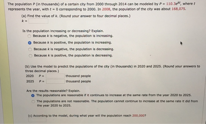 Solved The Population P In Thousands Of A Certain City