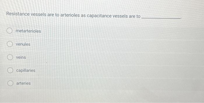 Resistance vessels are to arterioles as capacitance vessels are to
metarterioles
venules
veins
capillaries
arteries