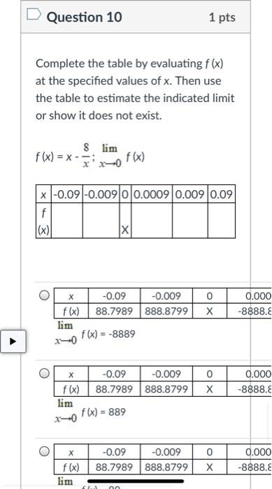 Solved D Question 10 1 pts Complete the table by evaluating | Chegg.com